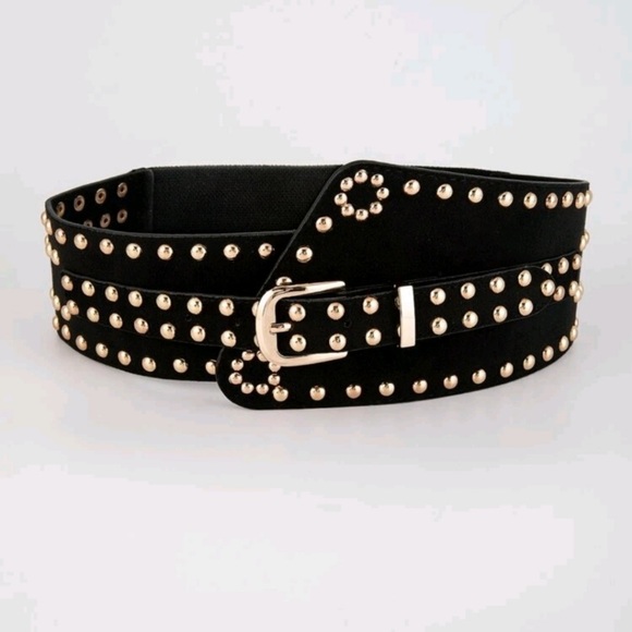 Black vegan faux suede corset gold studs punk wide boho waist belt - Picture 10 of 14